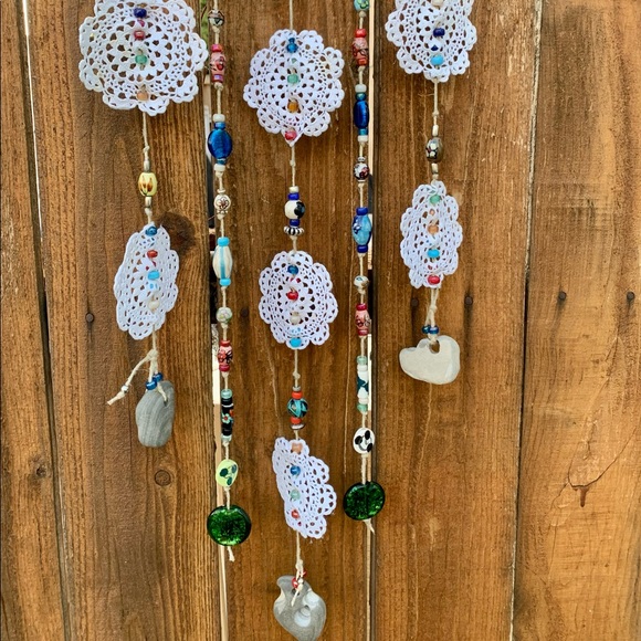 Driftwood Crochet Boho Flowers Of Life Glass Beads Sea Rocks Window Wall Decor - Picture 3 of 15